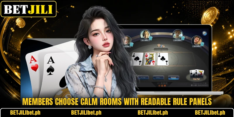 Members choose calm rooms with readable rule panels Members choose calm rooms with readable rule panels